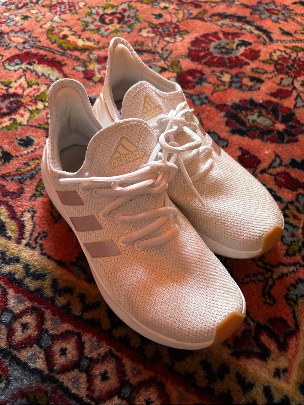 adidas Women's Lightweight Knit Running Sneakers - White with Light Pink Accents
